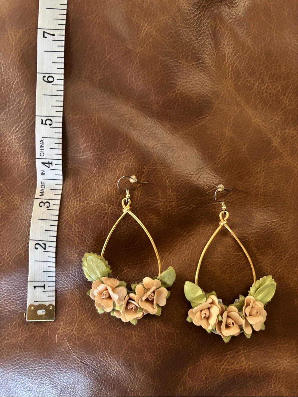 Gold Teardrop Earrings with Peach Floral Accents